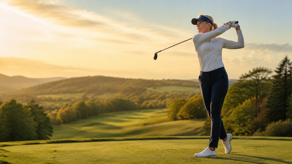 Female golfer in follow-through on a sunlit course
